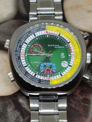 Sorna Automatic Watch Green Version Metal Band Nos - Style Unworn