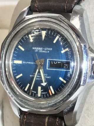 Vintage Rare Marine Star Divers Watch Incabloc 17 Jewels Swiss Made Day Date
