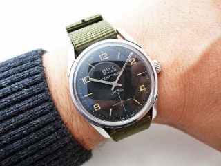 Rare Black Steel Bwc Wehrmachtswerk Military Vintage Wristwatch 1960s