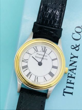 Tiffany & Co Portfolio Gold Plated Ss Ladies Swiss Watch Black Leather Band,  Box