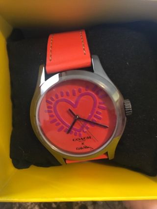 Nwt Coach X Keith Haring Heart Orange Leather Maddy Strap Watch W1296 14502806