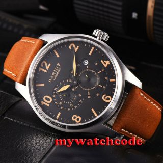 44mm Parnis Black Dial Orange Marks Date 21 Jewels Miyota Automatic Mens Watch