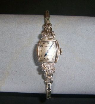 Vtg Gruen Precision 14k Wht Gold Diamonds Ladies Wristwatch 10k Gf Band 17 Jewel