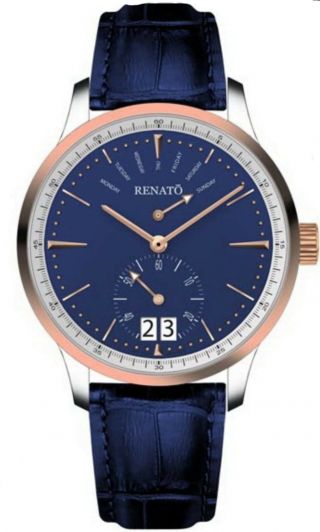 Mens Renato Calibre Robusta Day Date Blue Dial Leather Strap Watch
