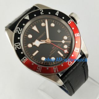 41mm Corgeut Sapphire Glass Black Dial Red&black Bezel Gmt Automatic Watch