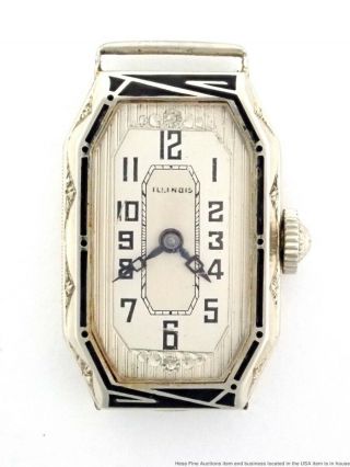 Ultra Art Deco Vintage 14k White Gold Enamel Illinois 21662 Unisex 806cal Watch