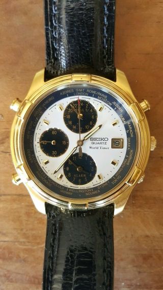 Vintage Seiko Sel074 Panda Dial World Timer Chronograph 5t52 - 6b29 Quartz Watch