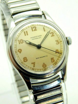 Vintage Swiss Marathon Automatic Watch 17 Jewels Stainless Steel Water Resistant
