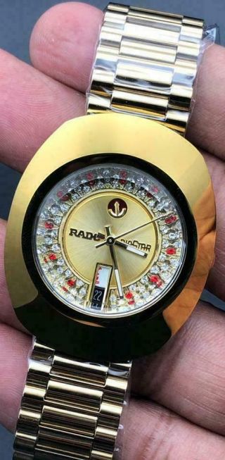 Vintage Rado Diastar Automatic Gold Swiss Mens Wrist Watch Red & White Diamond