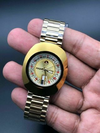 Vintage Rado Diastar Automatic Gold Swiss Mens Wrist Watch Red & White Diamond 2