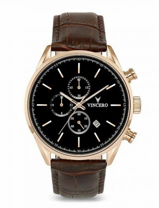 Authentic Vincero Watches Chrono Rose Gold Leather Band Men 