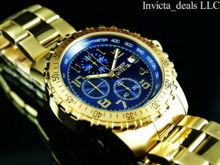 Invicta 45mm Mens Specialty Pilot Chronograph Blue Dial 18k Gold Plated Ss Watch