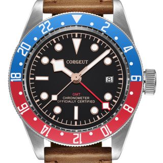 Gmt Watch 41mm Corgeut Black Dial Bay Black&red Bezel Leather Mechanical Watches