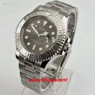 Parnis 41mm Gray Dial Silver Case Ceramic Bezel Date Automatic Mens Watch