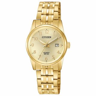 Ladies Citizen Quartz Gold Tone Stainless Gold Dial With Date Watch Eu6002 - 51q