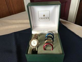 Vintage Ladies Gucci Watch With 6 Interchangeable Bezels,  W/ Box,  6”