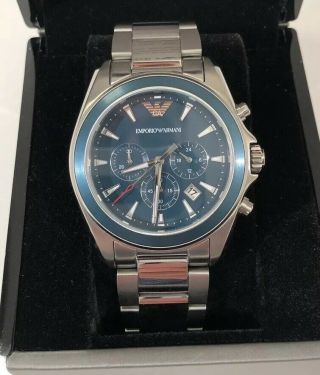 Nwt Emporio Armani Men’s Ar6091 Teal Dial Silver All Stainless Chronograph Watch