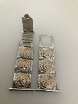 Rare Vintage Sterling Silver Watch Band & 10k Gold Aztec Mayan Figures Art Deco