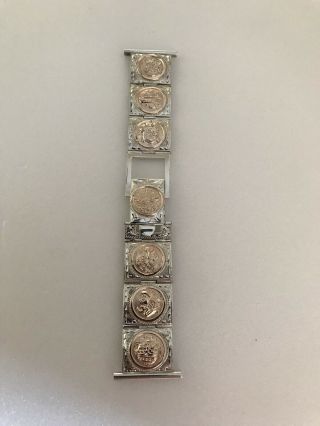 Rare Vintage Sterling Silver Watch Band & 10k Gold Aztec Mayan Figures Art Deco 2