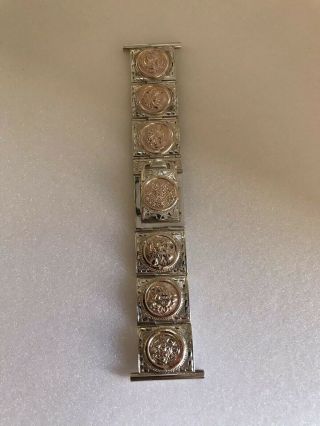Rare Vintage Sterling Silver Watch Band & 10k Gold Aztec Mayan Figures Art Deco 3