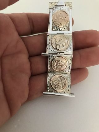 Rare Vintage Sterling Silver Watch Band & 10k Gold Aztec Mayan Figures Art Deco 4