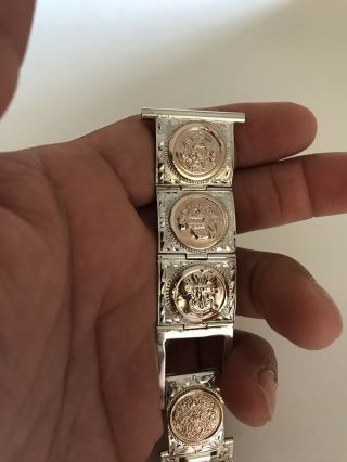 Rare Vintage Sterling Silver Watch Band & 10k Gold Aztec Mayan Figures Art Deco 5