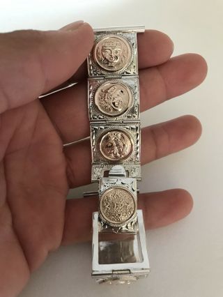 Rare Vintage Sterling Silver Watch Band & 10k Gold Aztec Mayan Figures Art Deco 6