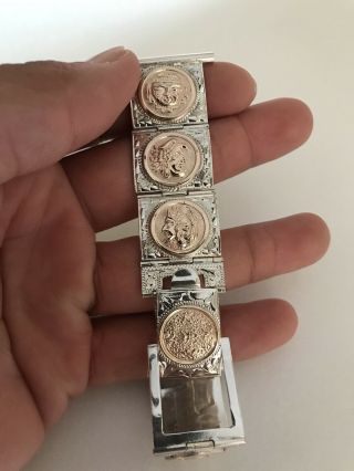 Rare Vintage Sterling Silver Watch Band & 10k Gold Aztec Mayan Figures Art Deco 7