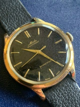 Vintage 1950s - 60s Mido Gilt Black Dial Multifort Powerwind Automatic Mens Watch