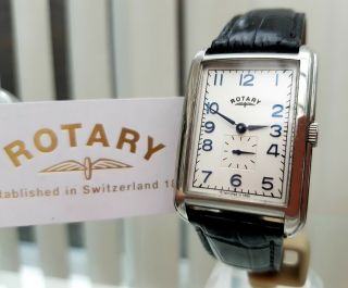 Mens Rotary Watch Rectangular Black Leather Strap Rrp £189 Boxed (931