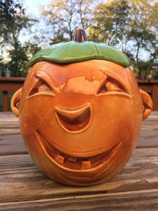 RARE GREEN LID 1950’s McCoy Pottery Pumpkin Jack o’ Lantern Cookie Jar 12