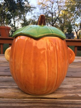 RARE GREEN LID 1950’s McCoy Pottery Pumpkin Jack o’ Lantern Cookie Jar 3