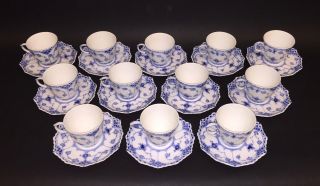 12 Cups & Saucers 1038 - Blue Fluted Royal Copenhagen - Full Lace 1:st Quality