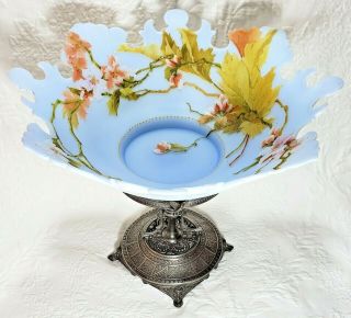 Antique Bohemian Art Nouveau Style Blue Satin Brides Bowl Hand Painted & Gilt