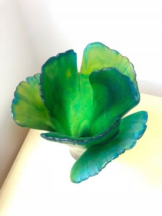Daum Crystal Ginkgo Green Blue Vase 30cm Number 135 Art Crystal Made in France 3