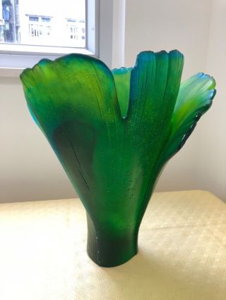 Daum Crystal Ginkgo Green Blue Vase 30cm Number 135 Art Crystal Made in France 5