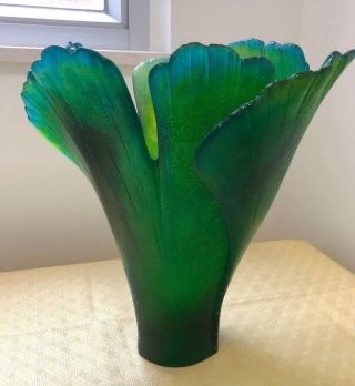 Daum Crystal Ginkgo Green Blue Vase 30cm Number 135 Art Crystal Made in France 6