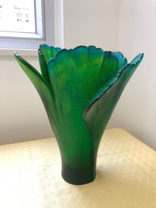 Daum Crystal Ginkgo Green Blue Vase 30cm Number 135 Art Crystal Made in France 7