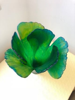 Daum Crystal Ginkgo Green Blue Vase 30cm Number 135 Art Crystal Made in France 8