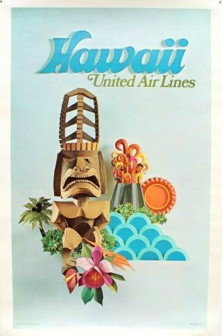 Vintage Mcm 1971 Hawaii United Airlines (airplane / Travel) Tiki Poster