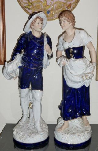Royal Dux Vintage 21 Inches Cobalt Blue Young Man And Woman Figurines