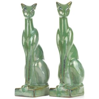 Arts & Crafts/deco Fulper Pottery Green Crystalline 9 1/2 " Cat Bookends C1939