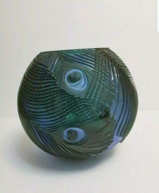 Pilgrim Cameo Glass Peacock Feather Vase Bowl Signed Kelsey 2001