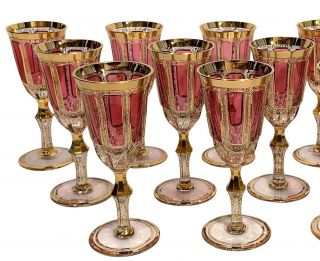 Set Of 8 Moser Cabochon Cranberry Cut To Clear Gold Gilt 7 " Wine Glasses Goblets