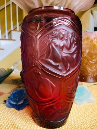 Lalique Cranberry Crystal Reclining Nudes Hesperides Vase 9.  3” Tall Perfection
