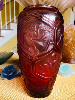 Lalique Cranberry Crystal Reclining Nudes Hesperides Vase 9.  3” Tall Perfection 8