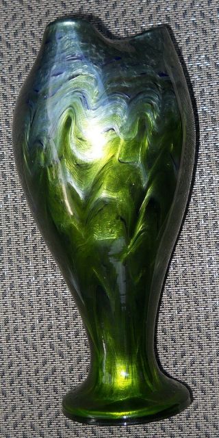 Large Art Nouveau Loetz Titanium Art Glass Vase Cobalt Silver Apple Green 8.  75 "