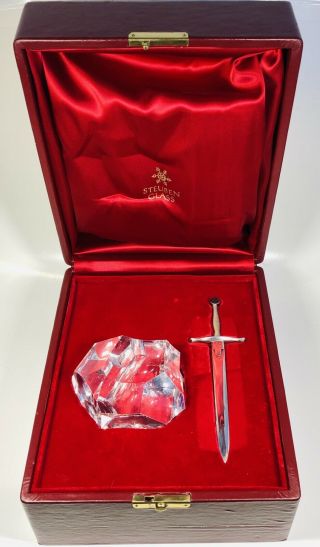 Steuben 18k & Sterling Excalibur Sword In Crystal Stone With Red Box