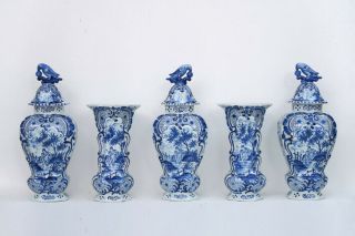 Huge Set Of 5 Antique Delft Dutch Blue White Pottery Vases Parrot Bird