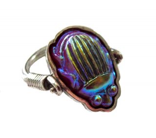 Tiffany Glass Red Favrille Scarab Sterling Silver Ring - Lc Tiffany
